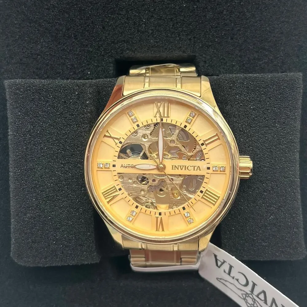 Invicta NWT IN BOX, Objet D Art Automatic Men's Watch Skeleton Dial 40mm, Gold